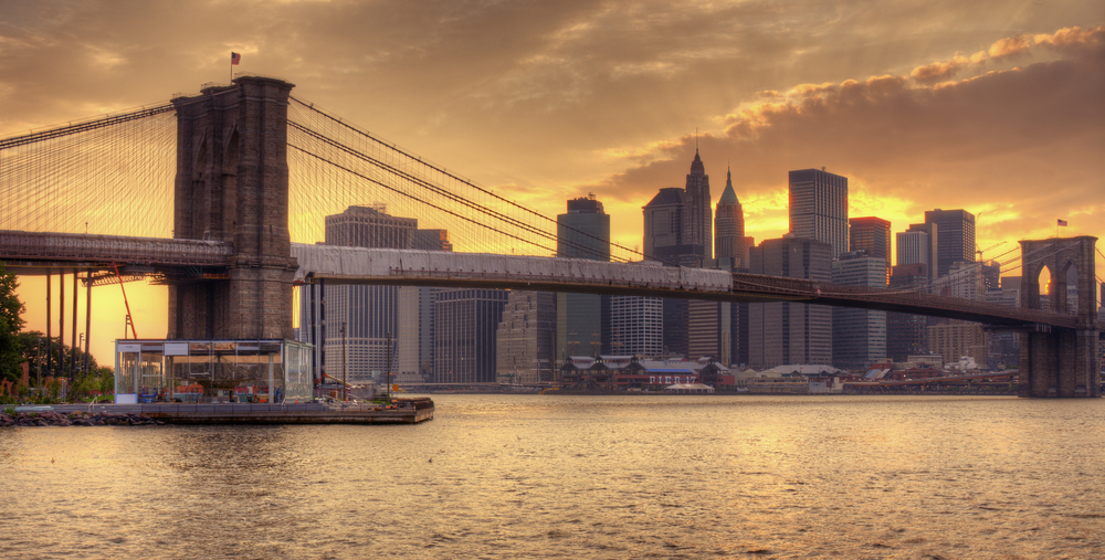 Brooklyn Bridge and Lower Manhattan skyline in New York City.